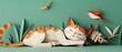 A cat sleep side by side birds in a 3D paper cutout scene, symbolizing an unlikely friendship that defies nature's cold logic.
