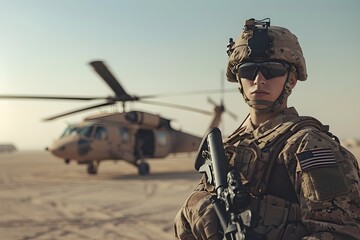 Wall Mural - Soldier in front of a helicopter in the desert. Armed forces concept. War operation, military conflict, modern warfare. Design for banner, poster 