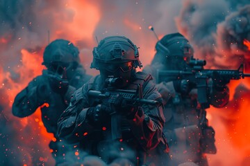 Wall Mural - Group of soldiers run out of the fire. Combat team in modern gear on an operation. Armed forces concept. War operation, military conflict, modern warfare, special ops