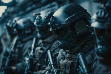 Wall Mural - Armed tactical unit in formation. SWAT team with advanced eqipment on a mission. Special operation, the fight against terrorism concept. 
