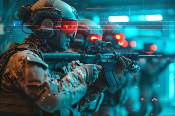 Wall Mural - Soldiers with futuristic gear and digital interface. Armed forces concept. Future technology, augmented reality. War operation, military conflict, modern warfare