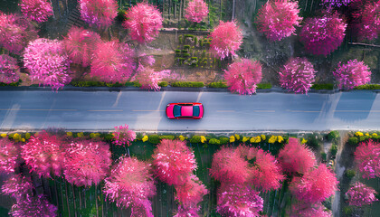 Wall Mural - car drives along the road among a blooming garden, top view