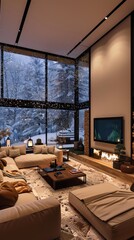 Wall Mural -  sofa and TV stove in the living room create a warm and comfortable atmosphere. large window with snowy trees outside