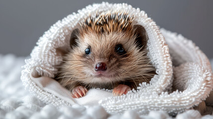 Poster -   A tiny hedgehog emerges from beneath a white blanket bearing a pink Q sign on its head