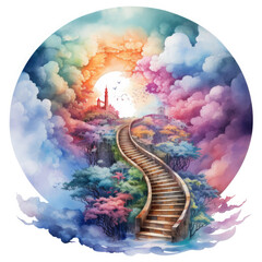 Wall Mural - Watercolor Heaven Stairs Illustration, Generative Ai