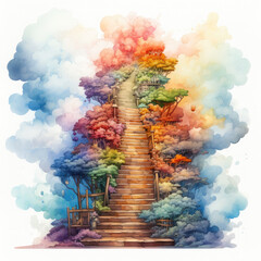 Wall Mural - Watercolor Heaven Stairs Illustration, Generative Ai