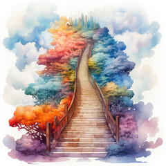 Watercolor Heaven Stairs Illustration, Generative Ai
