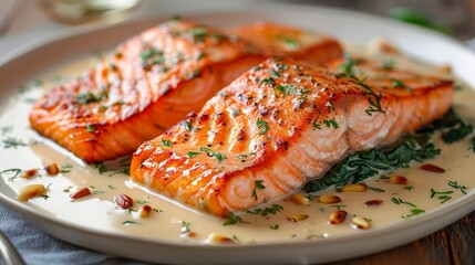   Two salmon fillets on a plate, garnished with herbs and seasoning above