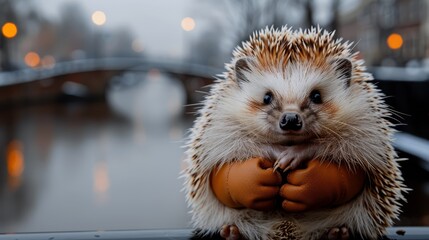 Wall Mural -   A hedgehog atop a table, near a body of water and a bridge behind it