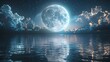  A full moon hovering above a tranquil body of water, adorned with clouds and twinkling stars