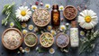 Natural herbs and seeds for holistic health care: variety of organic herbs, seeds, and oils displayed for use in naturopathy and alternative medicine