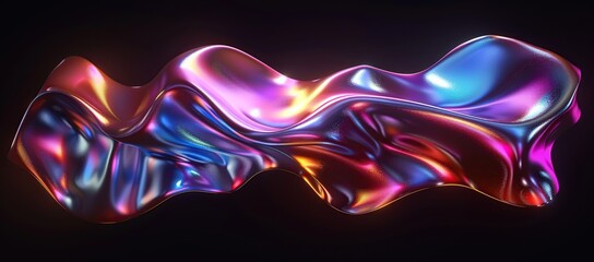 Sticker - Rendering of a colorful holographic liquid metal wavy shape isolated on a black background.