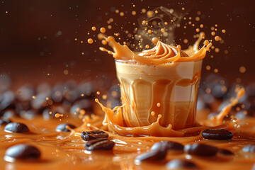 Sticker - A creamy caramel sauce drizzled over a bitter espresso shot, creating a complex and satisfying flavor profile. Concept of contrast and culinary sophistication. Generative Ai.