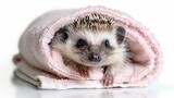 Fototapeta Tulipany -   A hedgehog emerges from a pink towel against a white backdrop, its face reflected in the surface