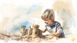 Esboço criança brincando com castelos de areia - Ilustração