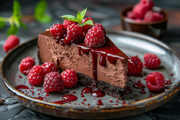 Sticker - A rich and creamy dark chocolate cheesecake topped with a tart raspberry coulis, providing a delightful contrast of flavors. Concept of indulgent desserts and gourmet baking. Generative Ai.