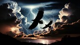 Fototapeta  - Dramatic Sky with Eagles Soaring Amidst Storm and Lightning