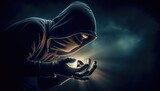 Fototapeta  - Hooded Figure Holding a Glowing Crystal in a Dark, Mysterious Setting