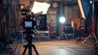 Professional cinema camera with LED lights on a film set. Studio shooting equipment concept