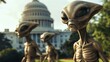 A group of extraterrestrial beings, commonly referred to as aliens, standing in front of the Capitol Building in Washington, DC, USA. The white dome of the Capitol looms in the background as the