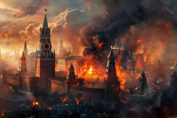 Fictional illustration of a russian city under attack - explosions, fire, flames and smoke	
