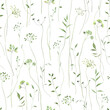 Floral seamless pattern with abstract green plants, delicate isolated watercolor illustration for textile or wallpaper, background or cover, hand drawn print with abstract design elements.