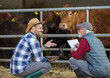Farmers with laptop discussing in front of cows in stable