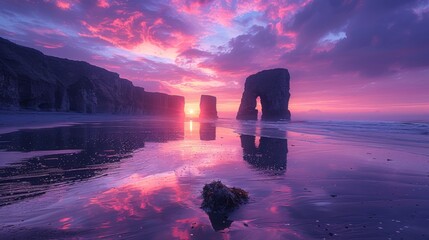 Wall Mural - A sunset over the ocean with a rock formation in front of it, AI