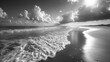 © starush - A black and white photo of a beach with waves crashing on the shore, AI