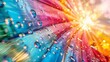 A colorful rainbow with water droplets on it and a bright sun, AI