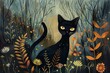 Black cat in the nature painting - kitten in the forest - kitty with plants drawing