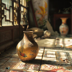 a broken chinese vaze on the floor of an after party living room with shades of brown, golden and yellow , diffraction gradation