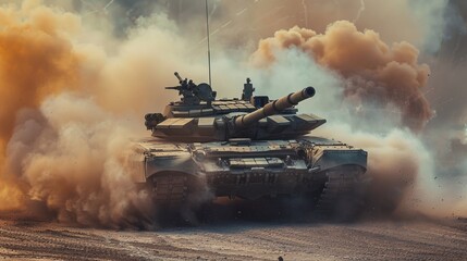 A powerful tank releasing thick smoke as it engages in a battle, symbolizing the intensity and destruction of war. The scene captures the essence of conflict and the military might in action.