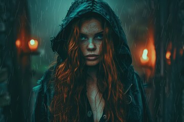 Poster - A woman with red hair and a black sweatshirt stands in the rain. Looks at the camera with a serious expression on his face. The burning candles behind her glow orange.