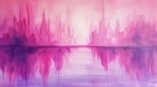 A Painting Of A Pink And Purple Landscape With A City In The Distance And The Surface Of The Water In Which The City Is Reflected.