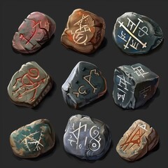 Wall Mural - Set of game stone icons. Zodiac signs, astrological symbols on stone set.