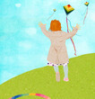 Ilustracja dziewczynka z rudymi włosami biegająca po łące za latawcami na tle błękitnego nieba.