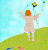 Fototapeta  - Ilustracja dziewczynka z rudymi włosami biegająca po łące za latawcami na tle błękitnego nieba.