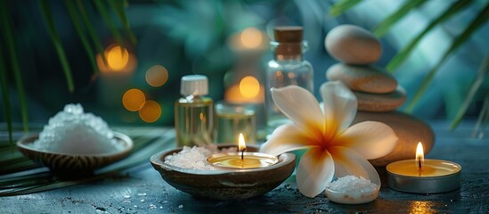 Spa massage background with candles, frangipani flowers, oil bottle, bowl with salt and herbal balls. Body cosmetic beauty care spa treatment to relax. Aroma and salt scrub setting up a healthy lifest