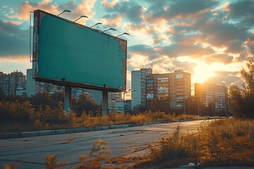 Wall Mural - Sunset cityscape with large billboard on roadside at twilight