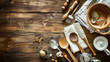 Kitchen utensils and tableware on wooden table