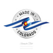 Made in Colorado USA. Colorado flag ribbon with circle silver ring seal stamp icon. Colorado sign label vector isolated on white background
