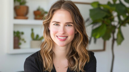 A woman with long hair smiling directly at the camera