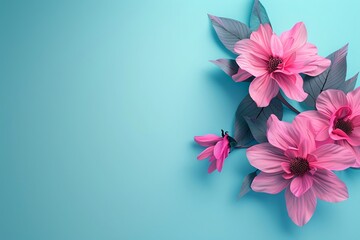 Wall Mural - Three pink flowers on a blue background. Generative AI