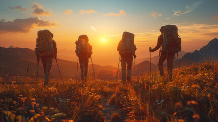 Wall Mural - Silhouettes of four young hikers with backpacks are walking in mountains at sunset time.