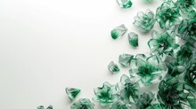 Bstract Background With Many Emerald, Green Glass Flowers For Decoration. Top View, Copy Space