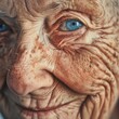 A woman with blue eyes and wrinkles on her face
