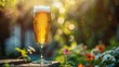 Refreshing beer glass in sunlight with a green garden bokeh background, soft tones, fine details, high resolution, high detail, 32K Ultra HD, copyspace