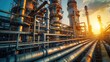 Petrochemical plant with pipes and distillation columns under bright sunlight, soft tones, fine details, high resolution, high detail, 32K Ultra HD, copyspace
