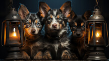 Three Purebred Australian Shepherd Puppies With Blue Eyes Sitting Between Old Oil Lanterns